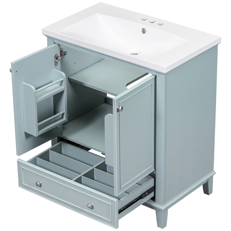 Lavabo de meuble-lavabo 30 po - Armoire moderne avec portes et tiroir en bois massif et tablette réglable en céramique multifonctionnelle