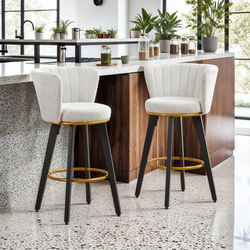 Counter Height Bar Stools Set of 2, 360° Swivel Upholstered Barstools with Backs, Beige