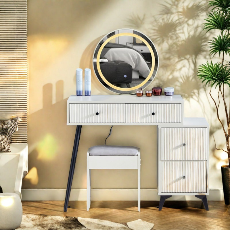 Ensemble de coiffeuse avec tabouret rembourré et miroir rond à lumière variable Abraam