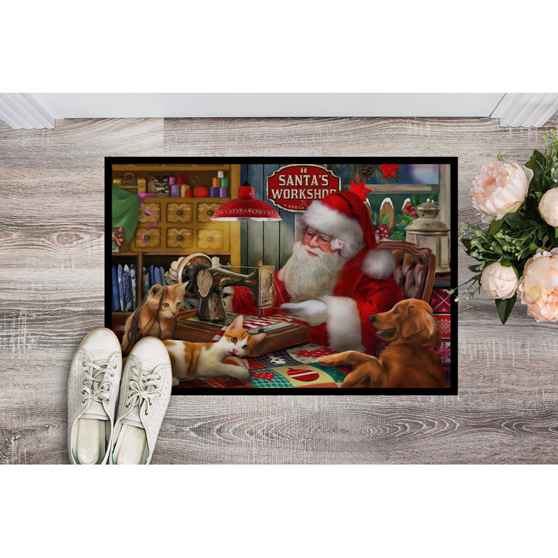 Izola Non-Slip Christmas Doormat, Santa's Workshop, Golden Retriever and Cats