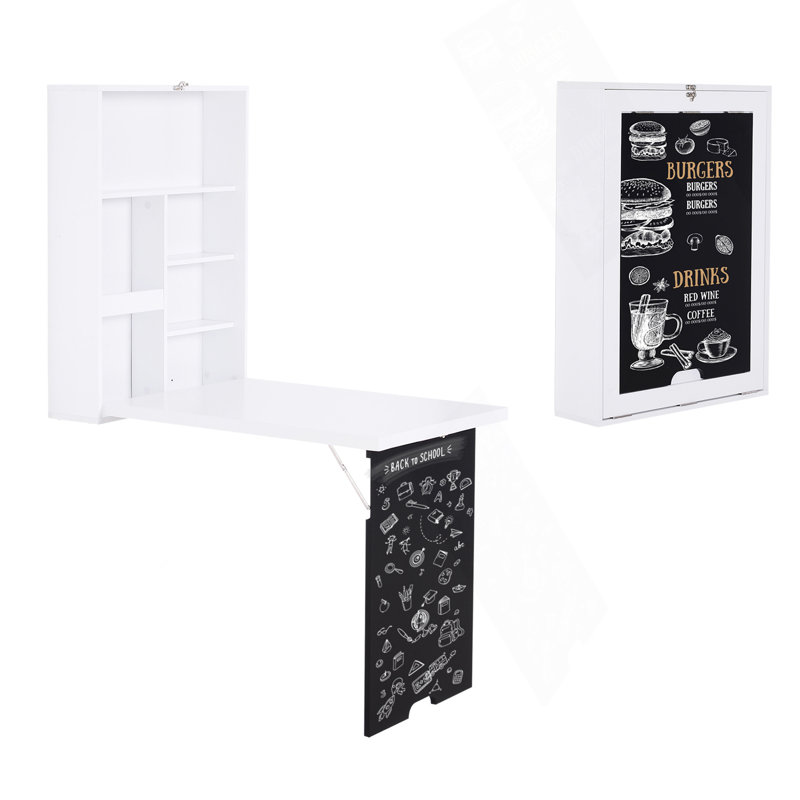 Wall Mounted Foldable Desk With A Blackboard, Fold Out Convertible Floating Desk With Shelves, White