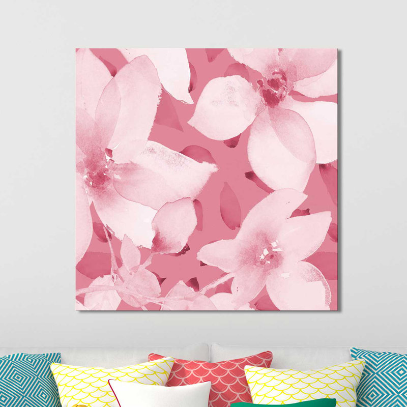 «Blooming Pink Whispers I», reproduction de peinture à l'aquarelle, H 18 po x l 18 po x P 1 po, Toile tendue