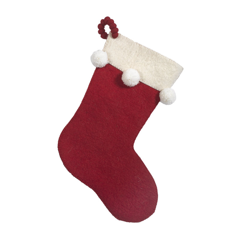 Chaussette de Noël en laine feutrée à la main - pompons sur fond rouge
