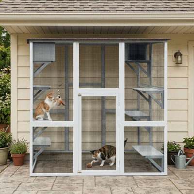 70.5" H Large Cat Catio Enclosure with 6 Platforms and 2 Napping Houses, Solid Wood Frame, for Indoor and Outdoor Use