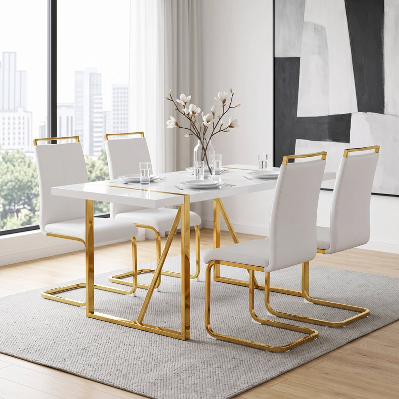 Ensemble de salle à manger 5 pièces rectangulaire moderne ultrabrillant avec chaises en porte-à-faux en similicuir, Blanc