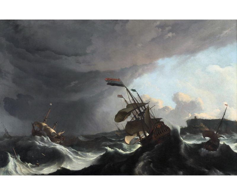 «Navires de guerre dans une tempête lourde» par Ludolf Bakhuysen - Art mural sur toile tendue avec châssis, H 18 po x l 14 po