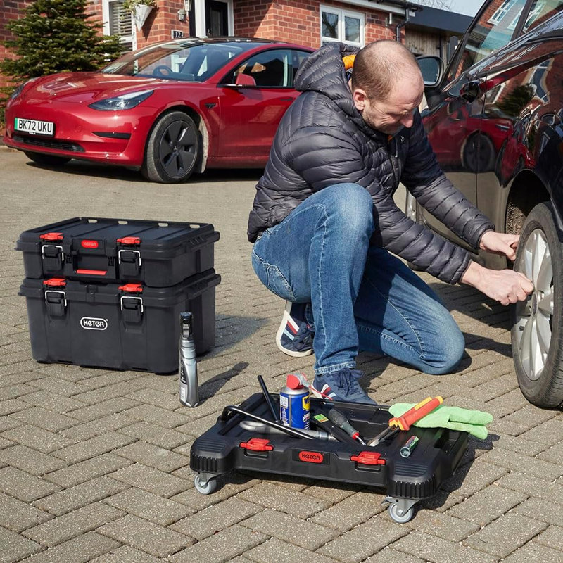 Keter Stack N Roll Dolly Heavy-Duty Rolling Base Cart with Locking Wheels Ideal Modular Mobile Workstation & Tool Storage Platform