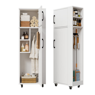 Armoire de rangement pour balais et vadrouille avec roulettes, placard utilitaire étroit en bois avec tringle et étagères, meuble de rangement haut et polyvalent pour buanderie, cuisine ou garage.