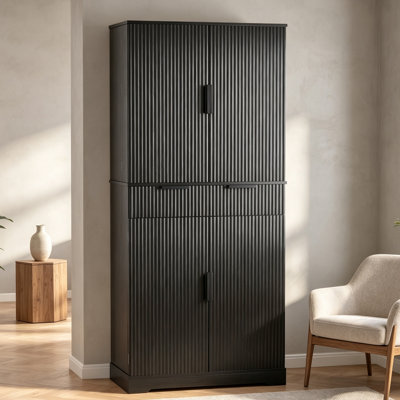 72" Fluted Kitchen Pantry Cabinet with 3 Keyboard Drawers & 6 Door Shelves Adjustable, Freestanding Cupboard Storage Cabinet for Bathroom Dining Room, Office, Entryway