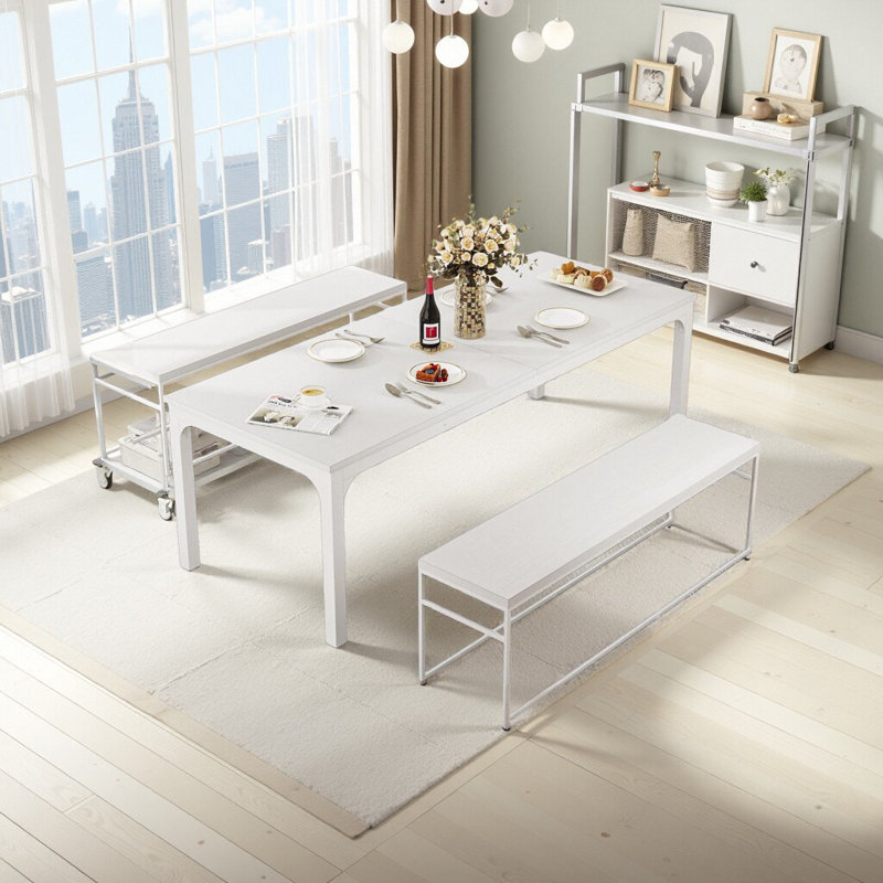Table de salle à manger rectangulaire moderne blanche de 78 po KELVIO, grande table de salle à manger et de cuisine pour 6 à 8 personnes avec pieds en métal durables, table de salle à manger minimaliste pour les réunions de famille