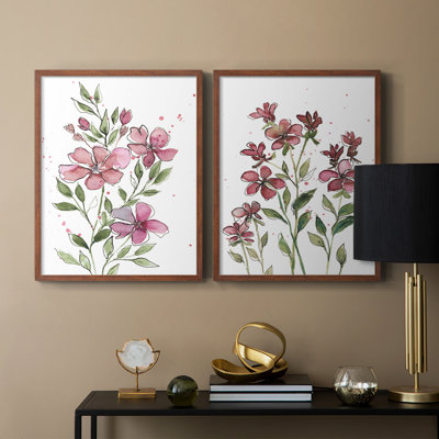 Aquarelle sur tiges florales I - reproduction encadrée de qualité supérieure - prête à être accrochée - aucun clou requis - aucun clou requis
