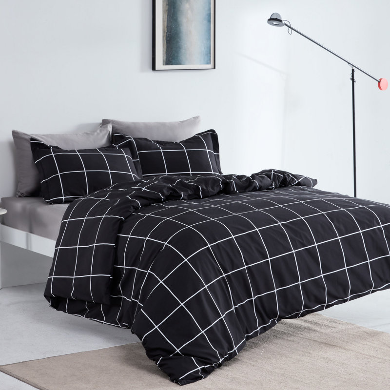 Twill Plaid Duvet Cover, Full/Queen Duvet Cover + 2 Standard Shams, Black