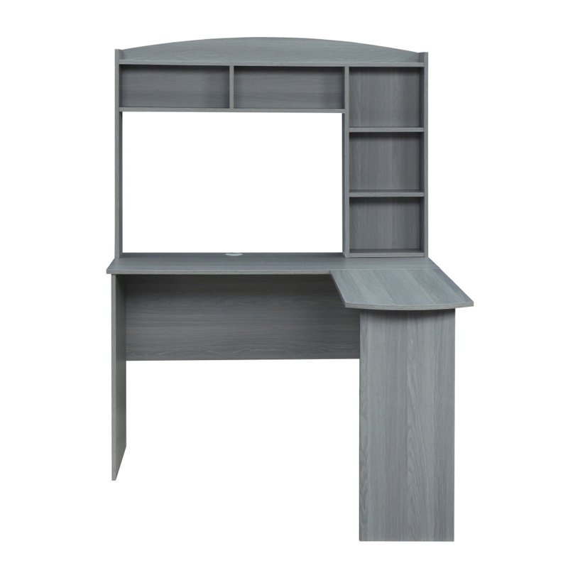 Bureau d'ordinateur gris en L moderne avec huche de rangement, conception en coin