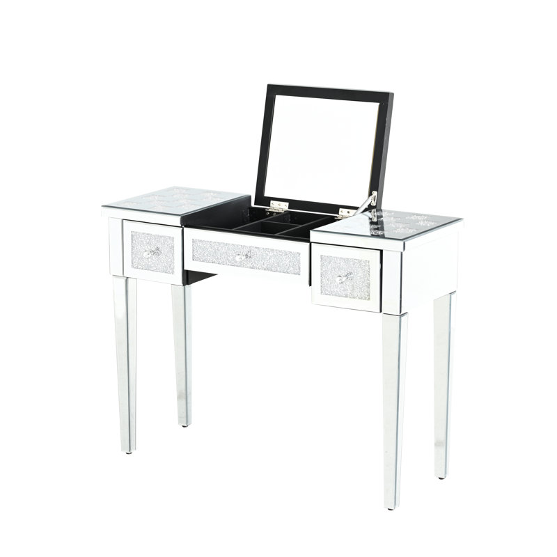 Bureau de coiffeuse argenté avec losange rembourré et miroir caché. Multifonctionnel pour l'écriture ou le maquillage. Miroir en verre à miroir Great Home Decor Levage hydraulique sécuritaire