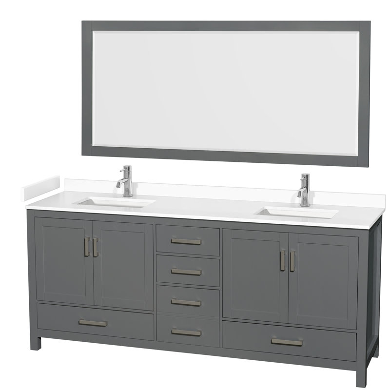 Sheffield 72" Double Bathroom Vanity with Mirror, White Cultured Marble, Dark Gray, 80"