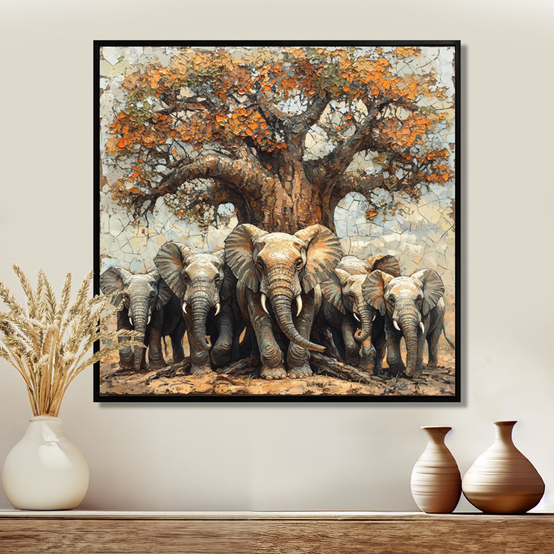 Éléphants d'Afrique par le baobab II - Éléphant, reproduction d'art sur toile, Impression encadrée flottante