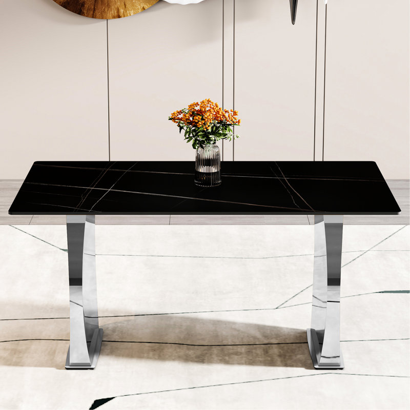 Table rectangulaire Classy Ultra Modern avec surface en pierre frittée noire et pieds en acier inoxydable, convient à la cuisine, aux sièges confortables et aux sièges de table de 0,4 po, de 4 à 8