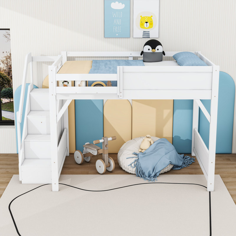 Wood Loft Bed with Built-in Wardrobe and Staircase, Full, White