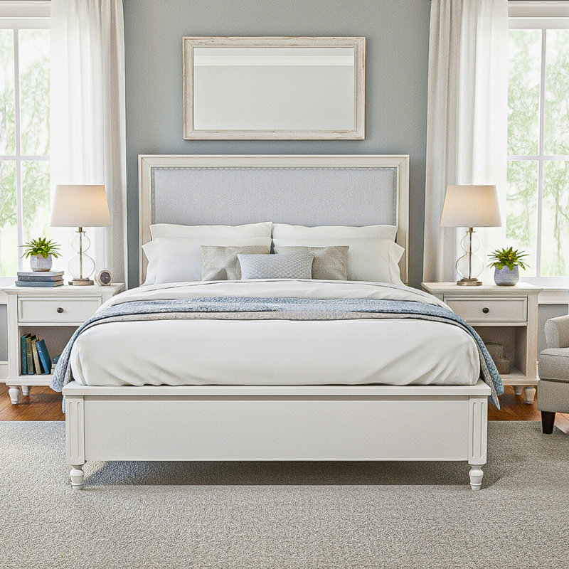 Eira Vale Full Transitional Upholstered Bed Frame with Decorative Nailhead Trim, Classic Turned Feet, and 800lb Capacity
