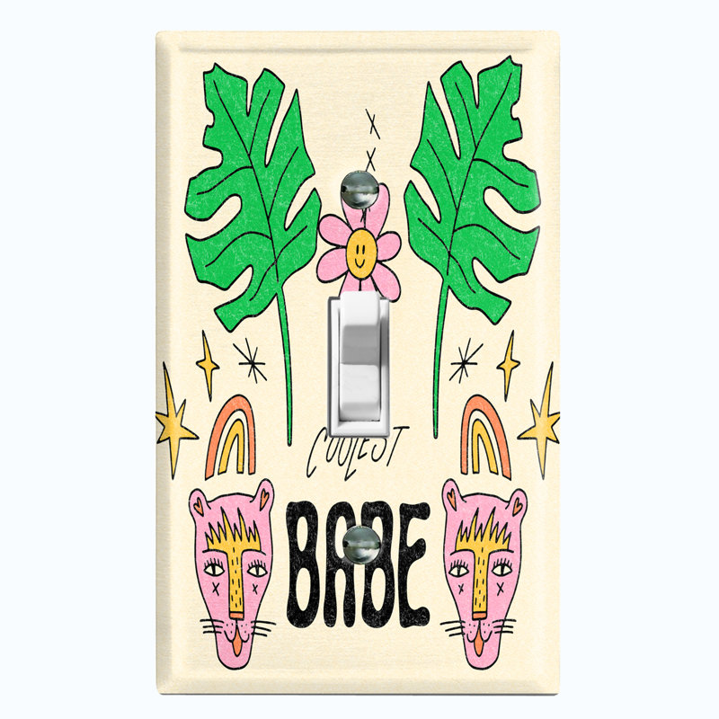 Metal Light Switch Plate Outlet Cover (Cute Babe Cool Leaf Cat Doodle Cartoon Beige - Single Toggle)