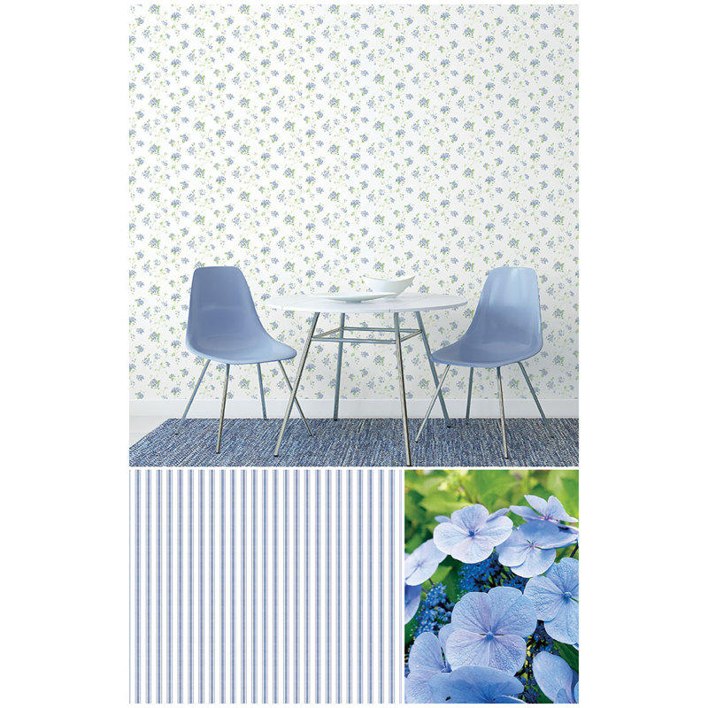 Miniatures 3 Collection Hydrangea Trail Wallpaper Roll, Indigo/Green/White