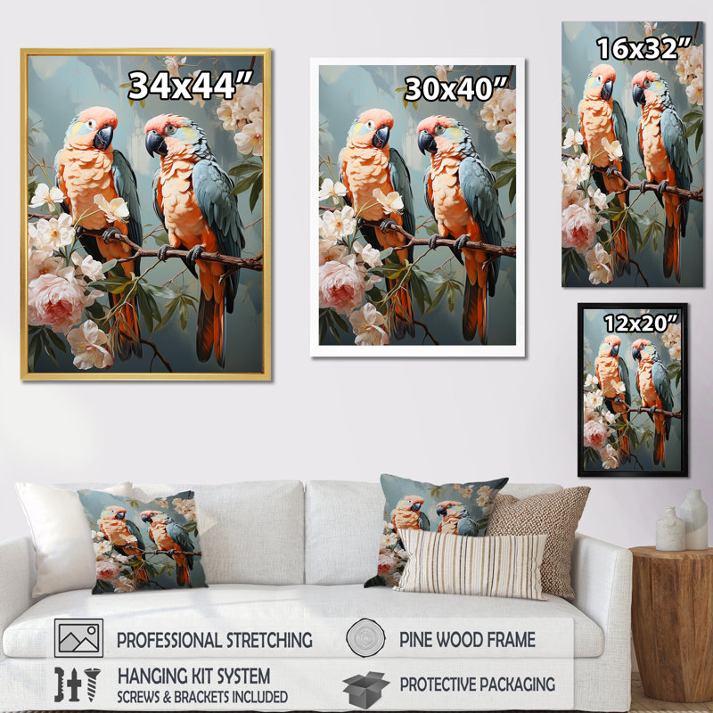 «Parrots Tropical Whispers I», reproduction sur toile, H 20 po x l 12 po x P 1 po, Cadre flottant naturel
