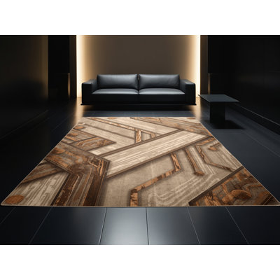 Tapis brun rustique et moderne lavable à la machine Pavni Quantum