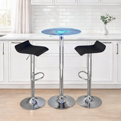 3-Piece Adjustable Bar Set with LED Light-Up Acrylic Table and Black-Toned Faux Leather Stools, Modern Round Design
