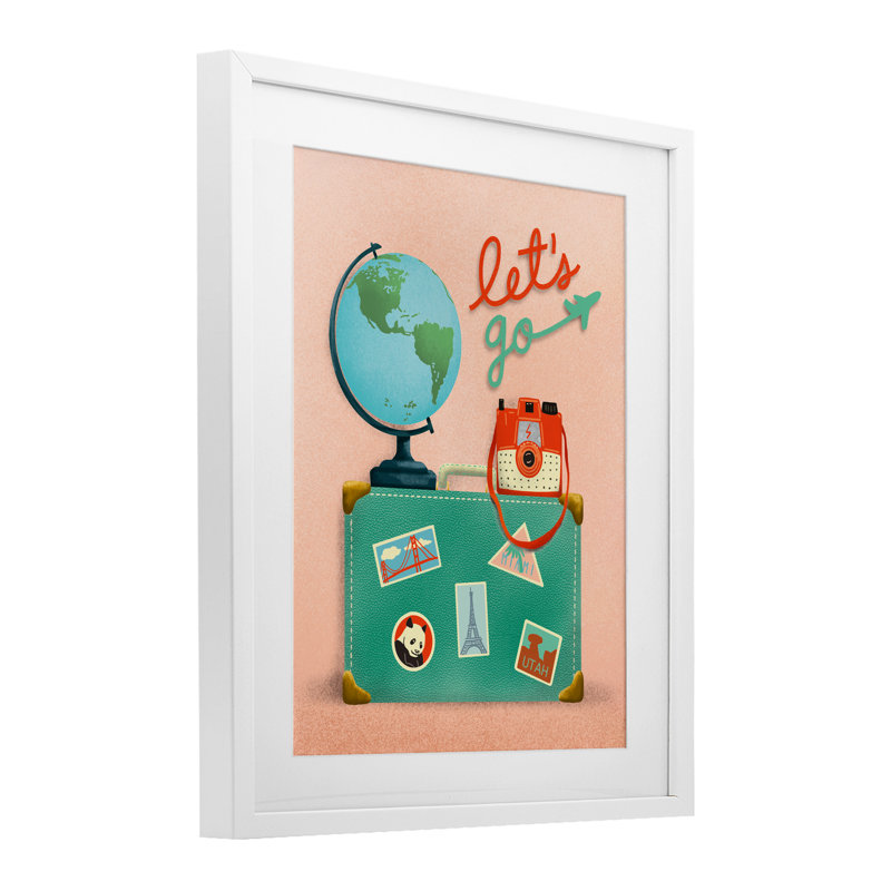 Let's Go Travel Suitcase Framed Print Under Glass, design by Jilly Jack Designs, 16" H x 13" W, Coastal White Frame