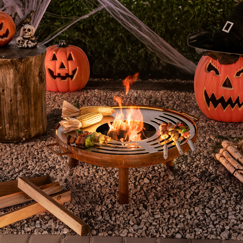 Rustic Steel Wood Burning Fire Pit with Handles and Poker