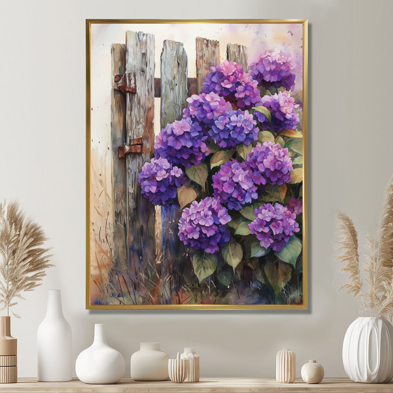«Eastep Summer Hydrangeas By The Farm Fence VI», art mural hortensias, H 20 po x l 12 po, Reproduction avec cadre flottant