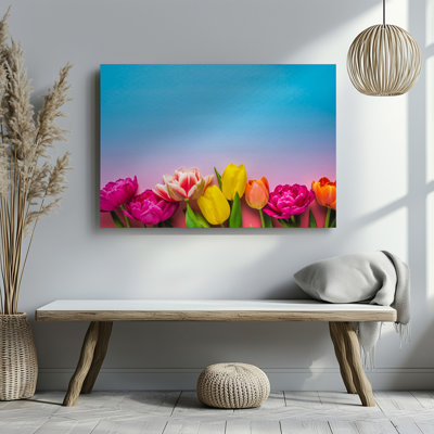 Canvas A Vibrant Arrangement Of Tulips In Various Colors Including Deep Wall Art Pink Bright Yellow Soft Peach And Warm Orange Laid Canvas Wall Art