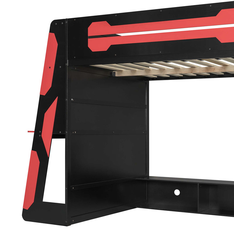 Lit mezzanine double en bois avec bureau, tablettes multiples et lumière RVB, Rouge