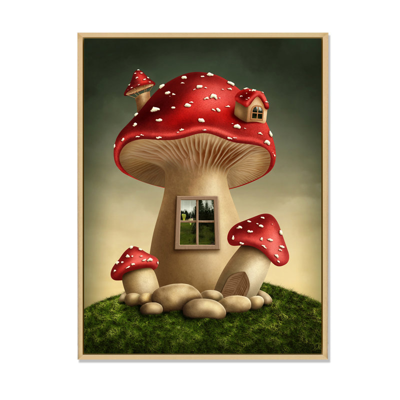 Fantasy Mushroom House - Peinture sur toile, H 32 po x l 24 po, Toile avec cadre en érable