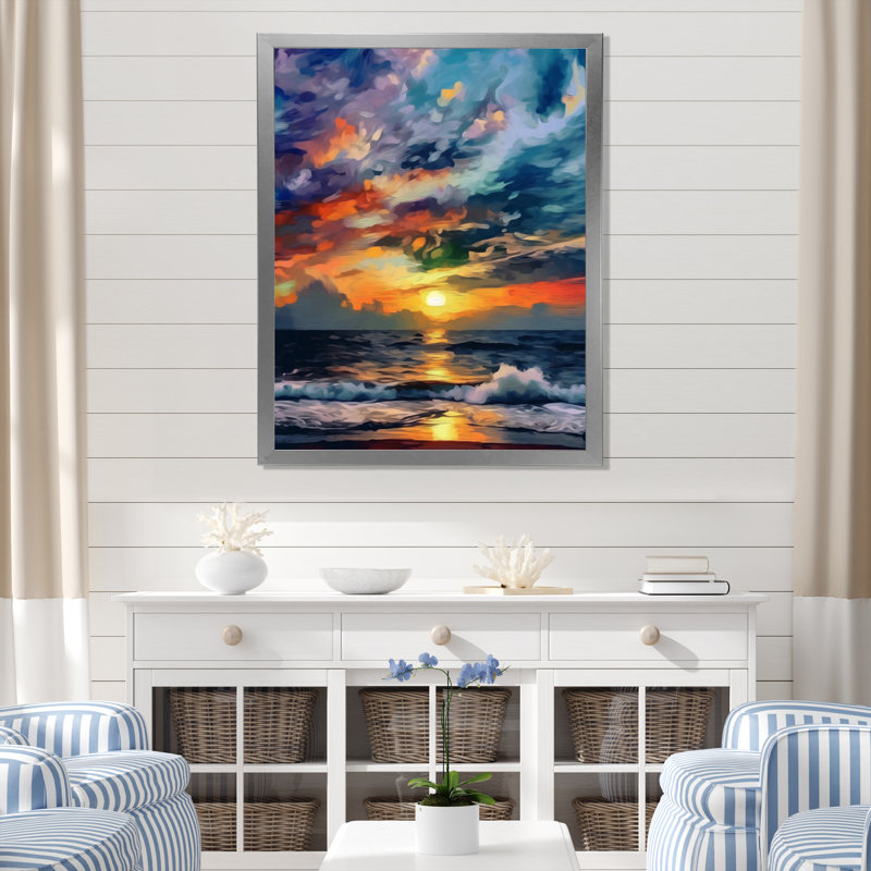 «Majestic Sunset Wild Waves Breaking At Shore», reproduction d'art sur toile, H 32 po x l 16 po x P 1 po, Cadre photo argenté