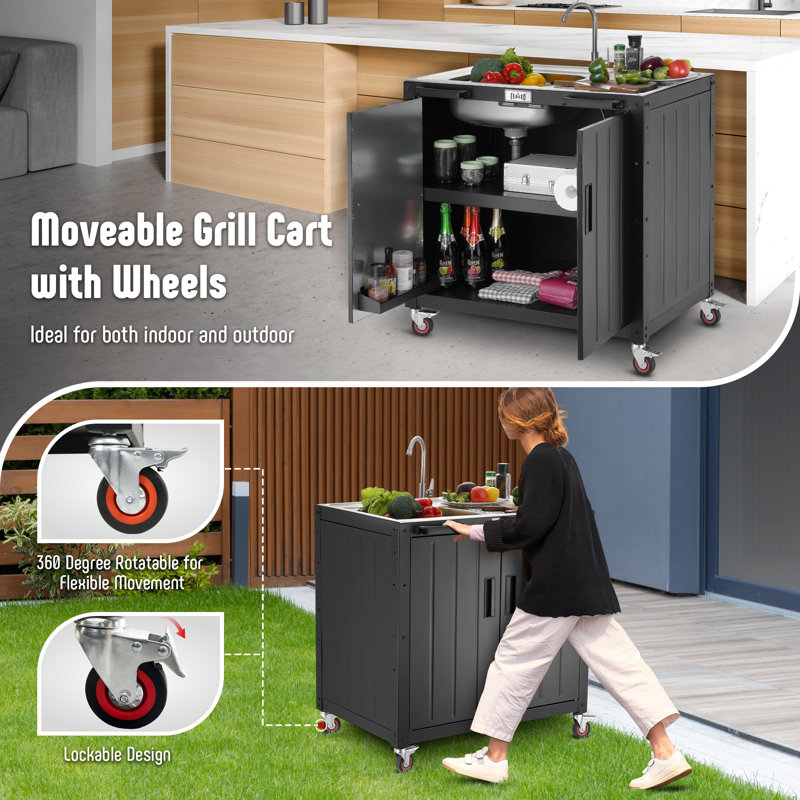 Freestanding Black and Stainless Steel Outdoor Sink Station with Cabinet