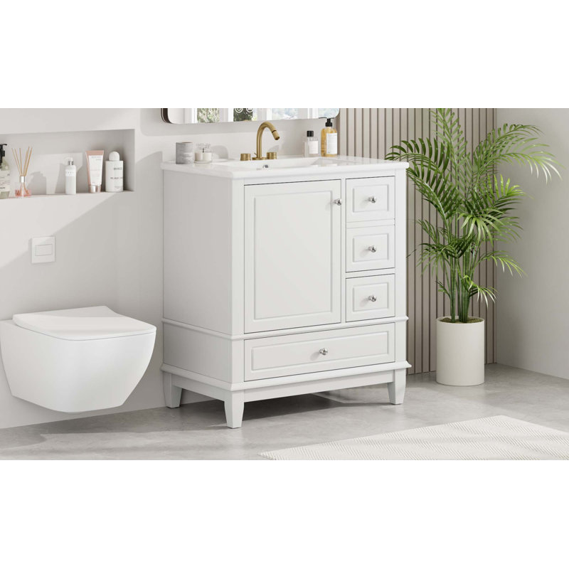 Meuble-lavabo avec lavabo, une porte avec tablette et trois tiroirs, porte à fermeture en douceur, Blanc
