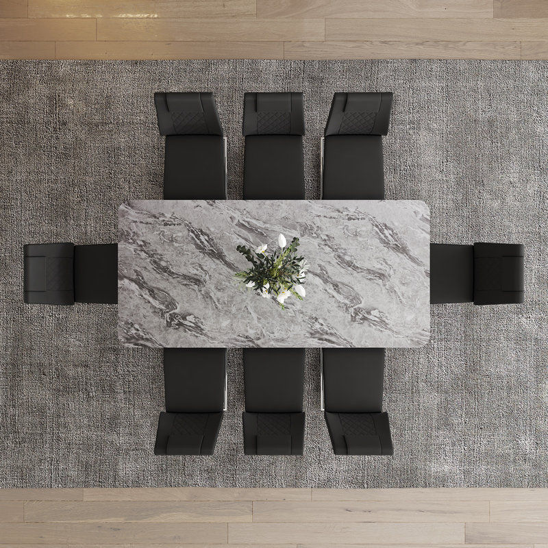 Ensemble de table de salle à manger 71 po, plateau moderne en verre trempé avec chaises en cuir synthétique, Noir