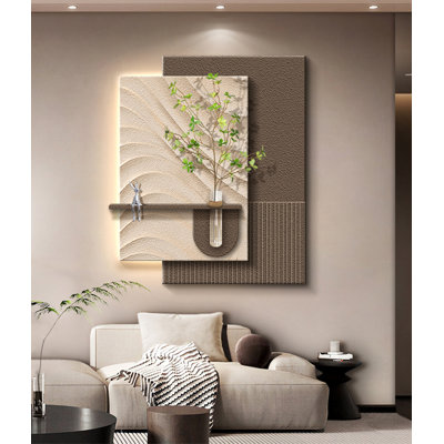 Textured Wood Wall Sculpture with Light for Entryway Space