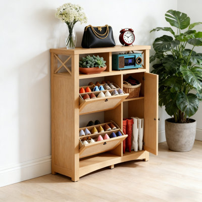 Farmhouse Shoe Cabinet With 2 Flip-Lid Drawers
