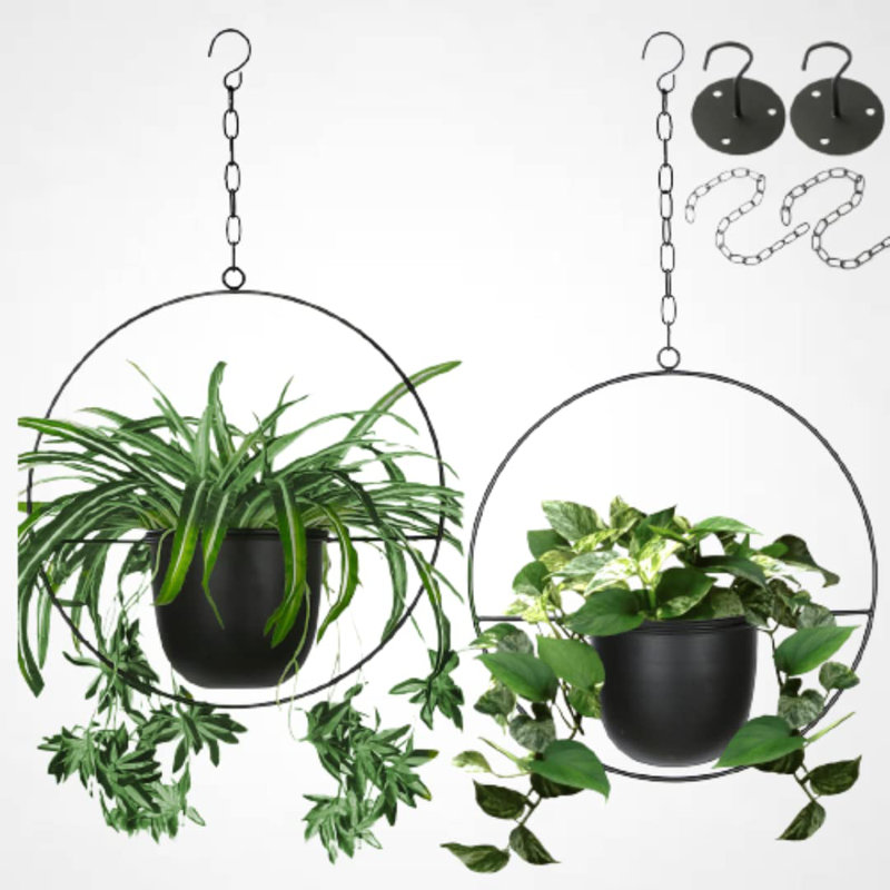 Paquet de 2 jardinières suspendues pour plantes d'intérieur avec pot de 5,5 po + crochet de plafond + chaîne d'extension | Support à plante à suspendre, pot à fleurs minimaliste en métal, sans plante incluse