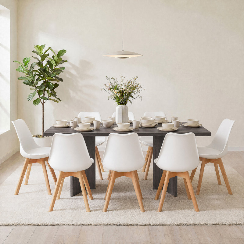 Ensemble de table de salle à manger fixe pour 4 personnes Ferrer, 9 pièces : table, 8 chaises, Gris, Blanc