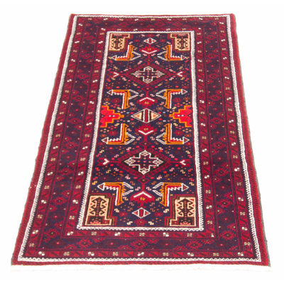Tapis bleu marine / mauve / brun en laine noué à la main de conception unique 3 pi 1 po x 6 pi 2 po Sindelar