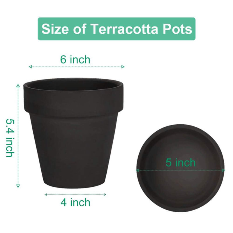 6 Inch Terracotta and Clay Pots for Plant with Saucer, Black