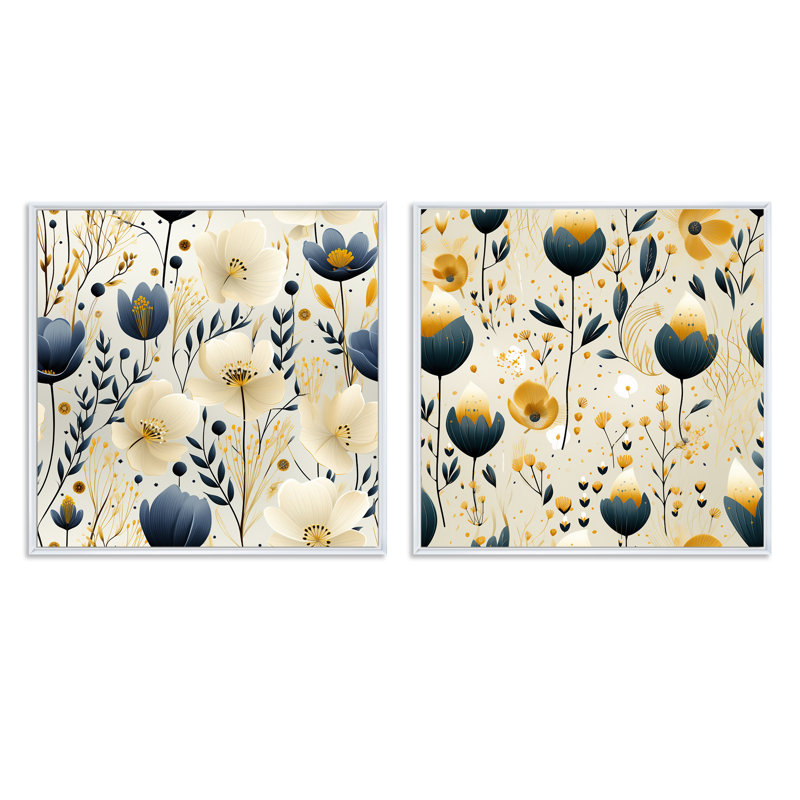 Gregoire - Ensemble de 2 collages carrés botaniques abstraits, Cadre flottant blanc, H 30 po x l 61 po