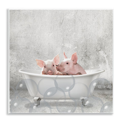 Baby Piglets Bath Time Cute Animal - Graphic Art Print on Wood