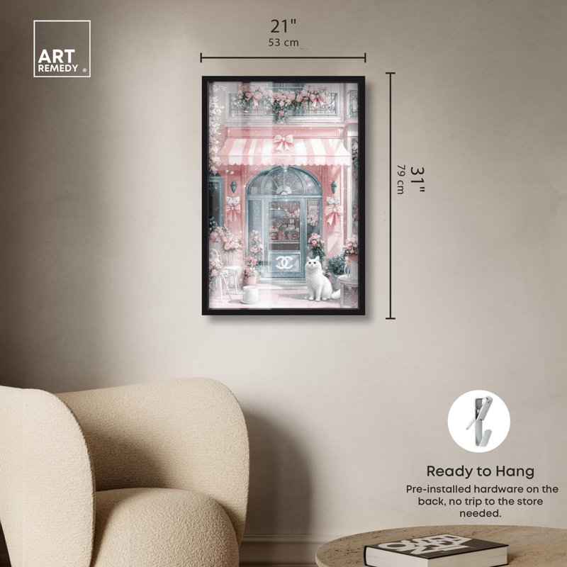 «Cat at the Bow Store Shadowbox Print Glam Art Prints» par Art Remedy, H 31 po x l 21 po, Noir