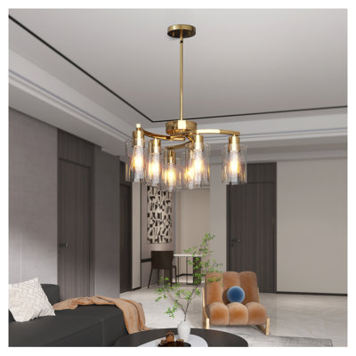 Lustre moderne 6 lumières dorées avec abat-jour en verre pour salle à manger
