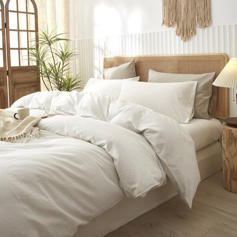 Ensemble de housse de couette 100% coton délavé LifeTown, Housse de couette double et 2 taies d'oreiller, Blanc