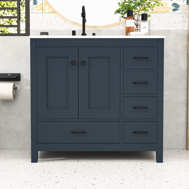 Ensemble de meuble-lavabo 36 po avec lavabo en céramique, 2 portes à fermeture douce et 5 tiroirs, Bleu